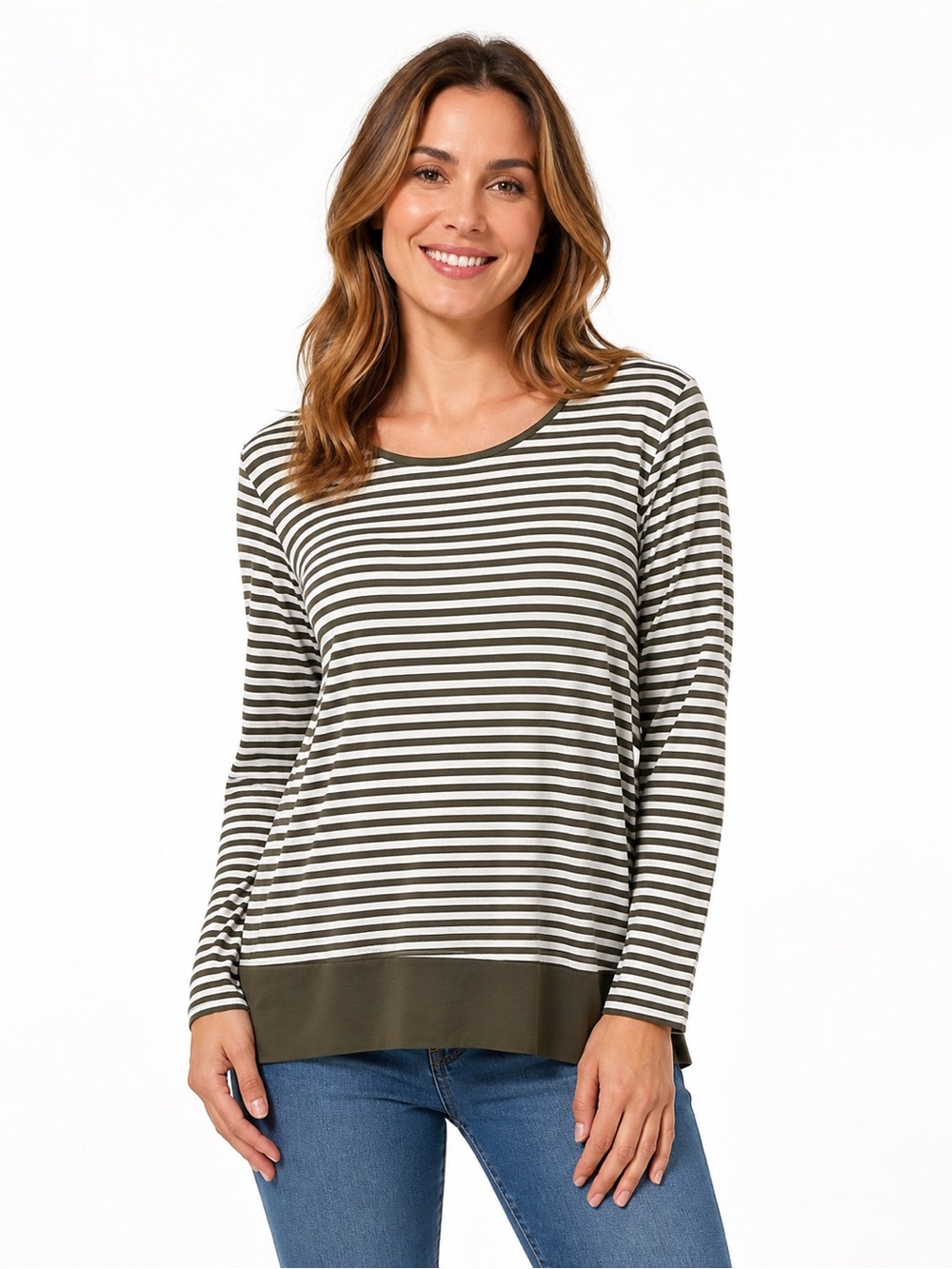 Chico's Olive and White Striped Long Sleeve Tee